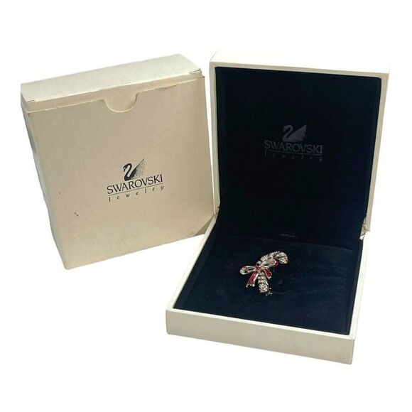 Candy Cane Rhinestone Bow Swarovski Crystal Holiday Gold Tone Brooch NEW IN BOX - Picture 2 of 12